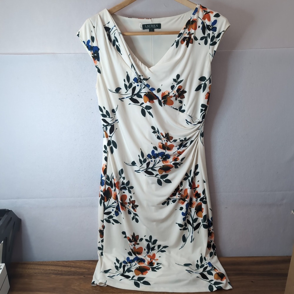 Lauren Ralph Lauren Floral Ruched Sheath Dress Cream Orange Blue 10P